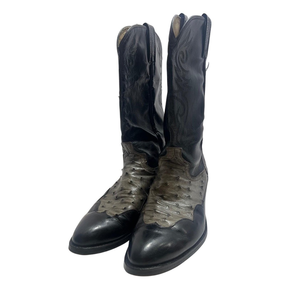 VTG Dan Post Men's Exotic Leather‎ Full Quill Ostrich Black & Gray Boots 9D D330